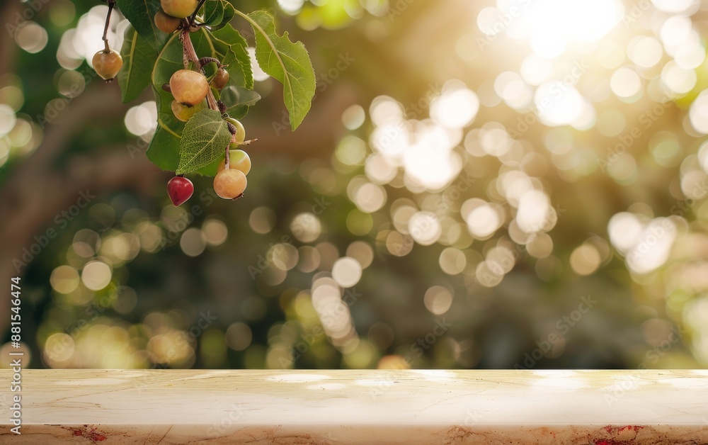 Poster serene orchard backdrop with vibrant red marble table for product display, highlighting freshness an
