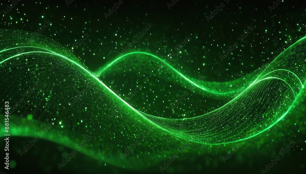 Poster digital green particles wave and light abstract background with shining dots and stars. abstract wal