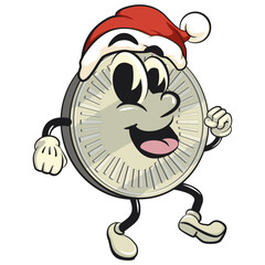 character of a coin money cartoon vector isolated clip art mascot illustration walking while wearing a Santa hat, work of hand drawn