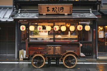Traditional Japanese street food cart with paper lanterns