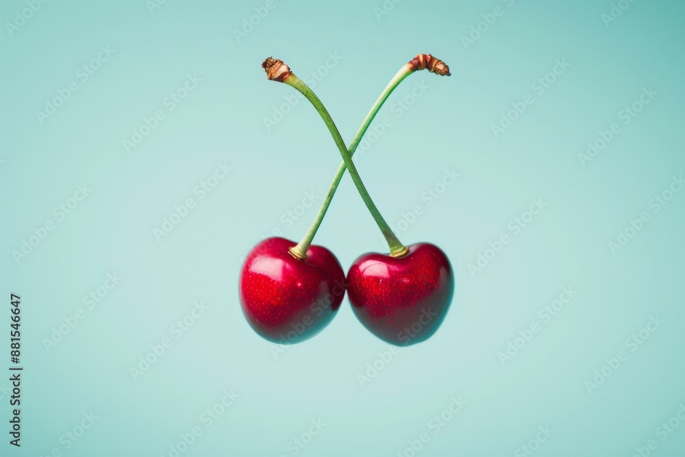Poster Vibrant Red Cherries in Abstract Art Composition with Sky Blue and Light Green Symmetrical Background Using Long Exposure Technique in High Definition