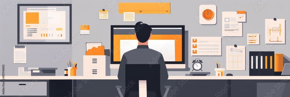 Poster man working on computer in office - an illustration of a man sitting at a desk, working on a compute