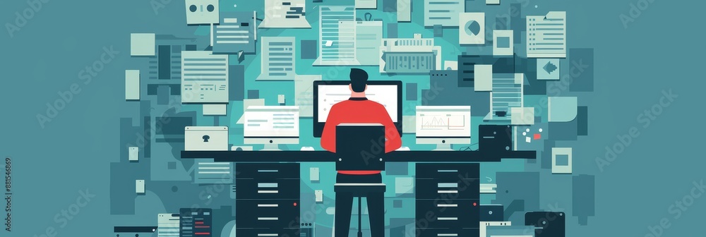 Poster man working on computer with documents surrounding him - an illustration depicting a man working on 