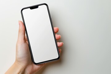 Smartphone mockup on hand with white blank screen created with Generative AI