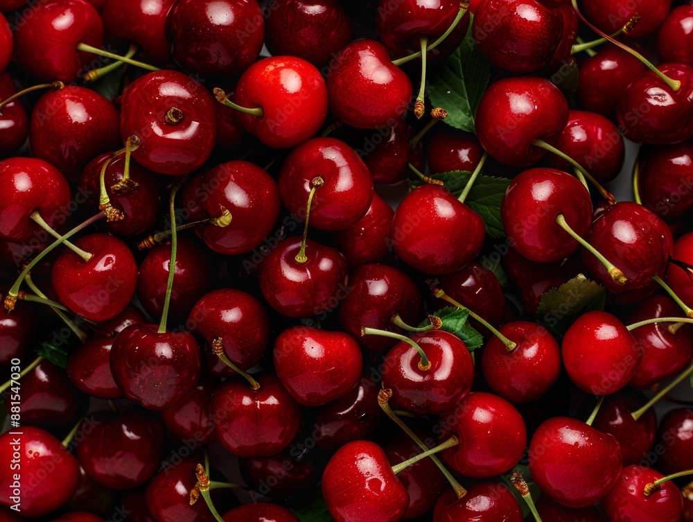 Poster vibrant red cherries in symmetrical geometric pattern a bright, aerial view demonstrating texture an