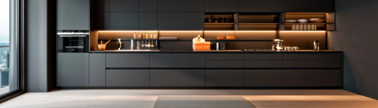 Fototapeta Modern sleek kitchen with minimalist design, large window, and integrated lighting. Perfect for contemporary home interiors and design themes.