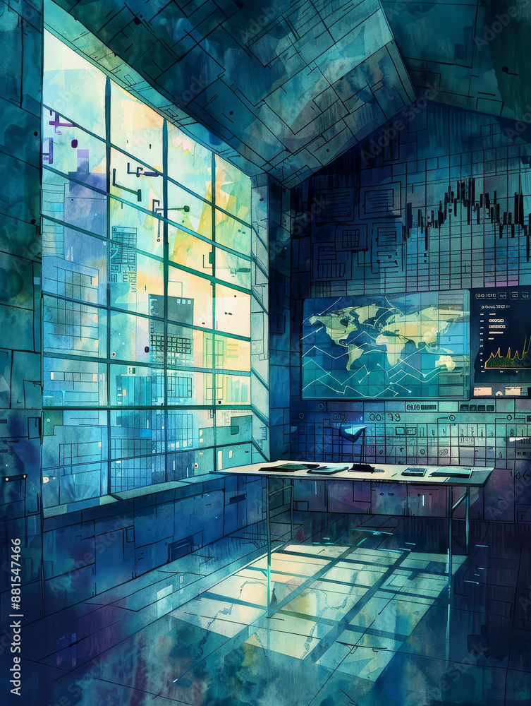 Poster modern office with city view - a modern office with a large window overlooking a city skyline. the d