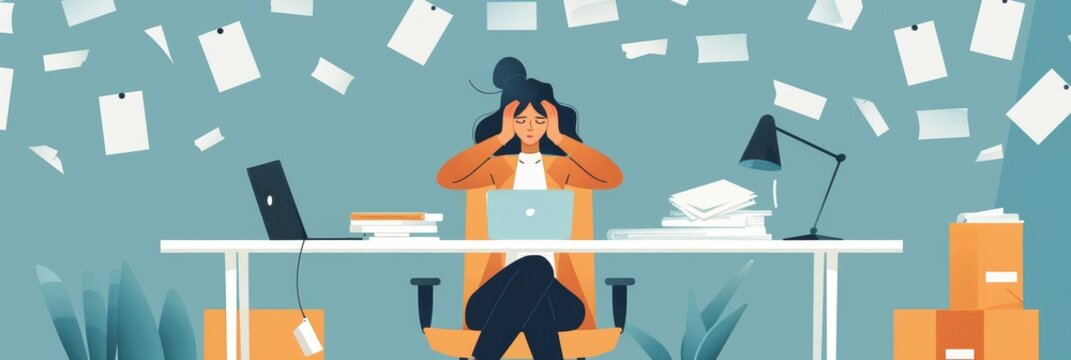 Overwhelmed Woman at Desk with Papers Flying Around - An illustration of a woman sitting at her desk, feeling overwhelmed and stressed by the amount of paper work that is falling around her. - An illu
