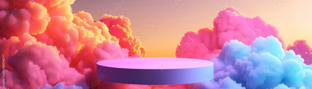 Poster pink and blue clouds with a purple platform - a 3d rendering of a purple platform sitting on a backd