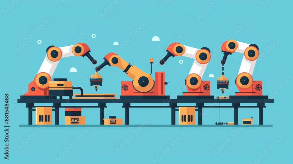 Poster robotic arm automation factory production line - robotic arms operating on a conveyor belt in an aut