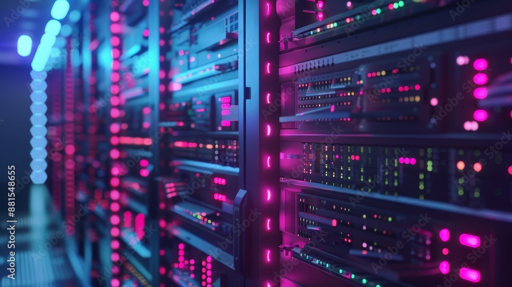 Poster server rack with neon lights - a close-up view of a server rack with colorful neon lights illuminati