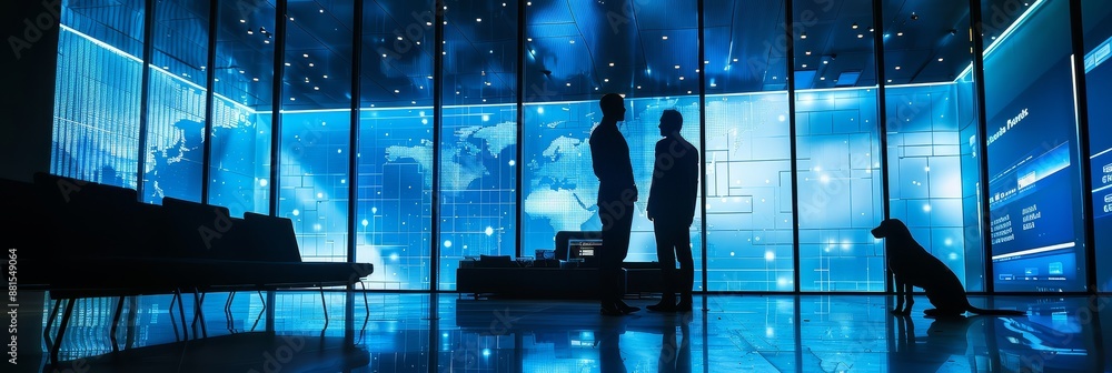 Poster silhouettes of two businessmen talking in a modern office with a world map projection - two business