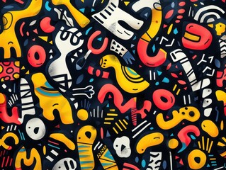 A colorful abstract painting with a lot of different shapes and letters