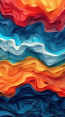 A colorful abstract painting with blue, orange, and white stripes