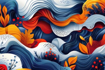 A colorful painting of a wave with leaves and flowers