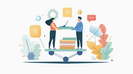 Teamwork and Collaboration: Balancing Tasks for Success - Two individuals balancing a laptop and books on a seesaw, representing teamwork, collaboration, and shared responsibility in achieving goals. 