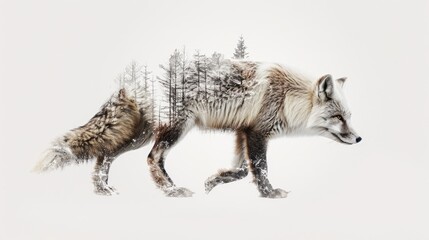 Ethereal Arctic Fox Captured in Double Exposure with Oil Spills Signifying Climate Change on White Background, Generative Ai