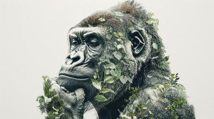 Conservation Connection: Gorilla in Deforested Jungle, Climate Change Awareness, White Background Concept, Generative Ai