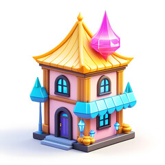 Cartoon 3D Render of a Cute Magical House with a Pink Gemstone on the Roof. Adorable fantasy home for game or app design