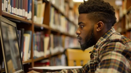 A student deeply engaged in conducting research on a computer in a library, showcasing the use of digital tools for academic purposes