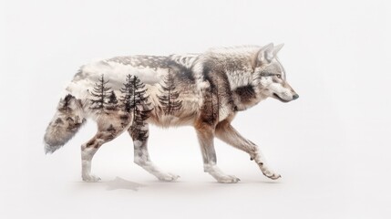 Climate Change Metaphor: Wolf Silhouette Over Eroding Coastline in Double Exposure Concept on White Background, Generative Ai