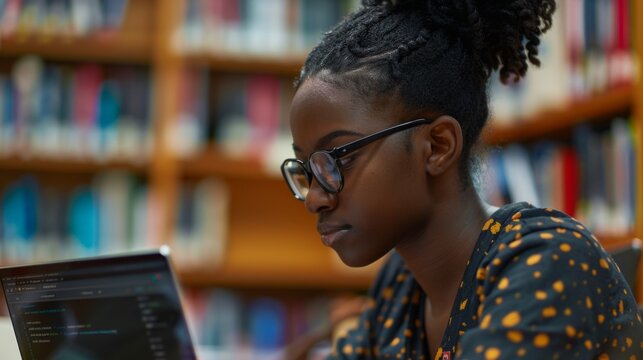 A focused student coding on a laptop in a library, emphasizing educational development and the importance of digital skills in modern learning