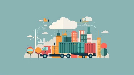 Obraz premium Transportation and Logistics in Modern City - A modern illustration representing the concept of transportation and logistics in a city. It shows a truck carrying containers, representing goods movemen