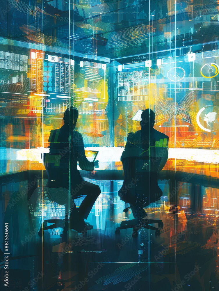 Poster two silhouettes in a technological environment - two figures silhouetted against a background of dig