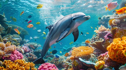 Fototapeta premium underwater scene of a dolphin swimming around a coral reef, with colorful fish and sea plants in the background