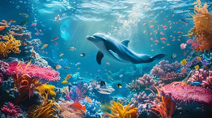underwater scene of a dolphin swimming around a coral reef, with colorful fish and sea plants in the background