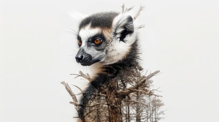 Obraz premium Resilience in Nature: Lemur Intertwined with Tree Stumps - Climate Change Double Exposure on White Background, Generative Ai