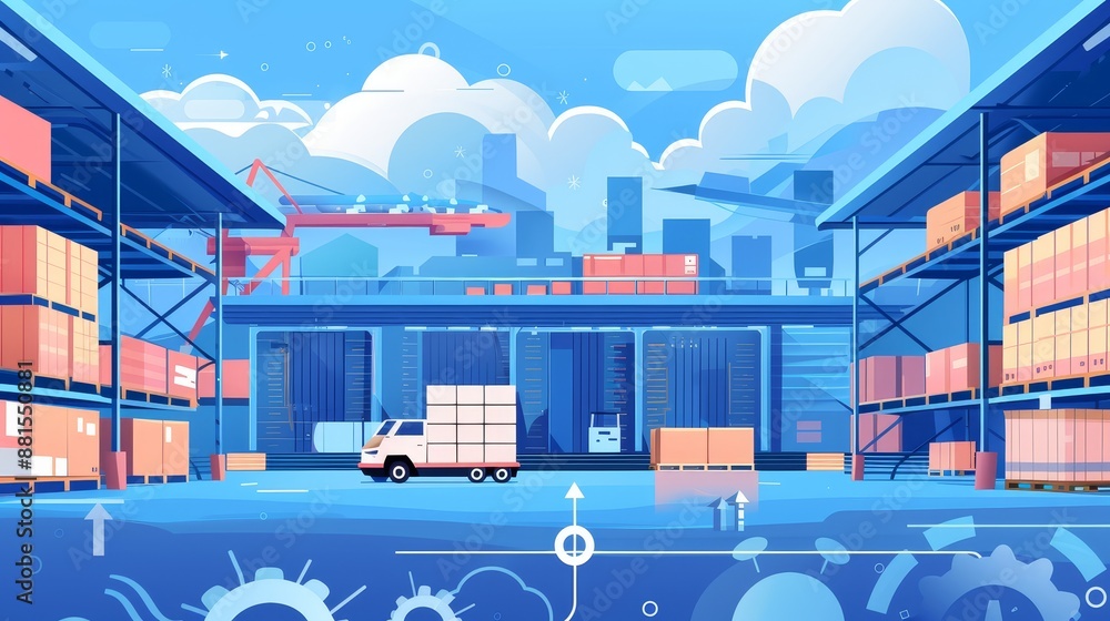 Poster warehouse loading dock with a delivery truck - a delivery truck is parked in front of a warehouse lo