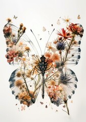 Fragile Beauty in Crisis: Butterfly and Polluted Flower Fields Double Exposure on White Background - Climate Change Concept, Generative Ai