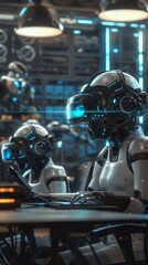 Obraz premium Abstract Wallpaper for Human Resources Recruitment Poster: Futuristic Office with VR Meetings and Smart Robots. Promoting Corporate Culture, Future Technology, and Sustainable Development. Ideal for J