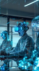 Fototapeta premium Abstract Wallpaper for Human Resources Recruitment Poster: Futuristic Office with VR Meetings and Smart Robots. Promoting Corporate Culture, Future Technology, and Sustainable Development. Ideal for J