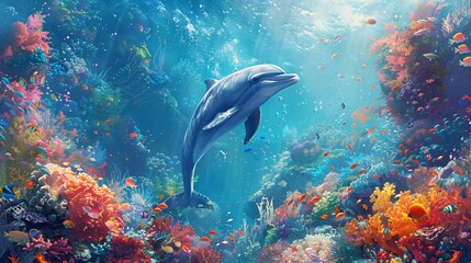 Fototapeta premium a lively underwater scene of a dolphin exploring a coral reef, with various fish and sea plants adding to the vibrant setting.