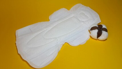 Sanitary napkin and cotton plant flowers. A concept that shows softness for the feminine area, is able to accommodate large amounts of blood and still keeps the feminine area dry, isolated on yellow.