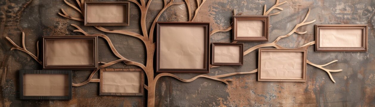 A family tree wall decoration featuring empty picture frames on a rustic background, ready for personalized photos or artwork.