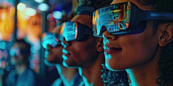 People using AR glasses to interact with virtual elements overlaid on the real world