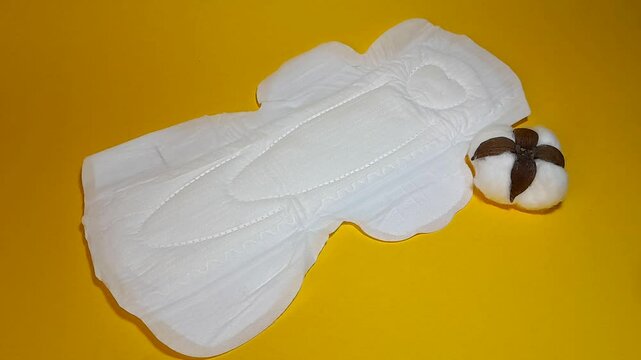 Sanitary napkin and cotton plant flowers. A concept that shows softness for the feminine area, is able to accommodate large amounts of blood and still keeps the feminine area dry, isolated on yellow.