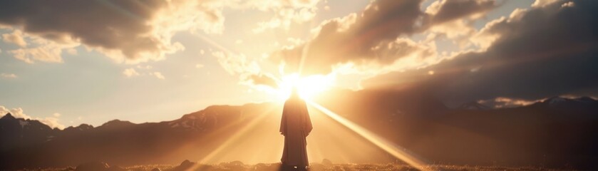 A person stands in awe as the sun sets behind the mountains, casting a warm glow over the serene landscape.