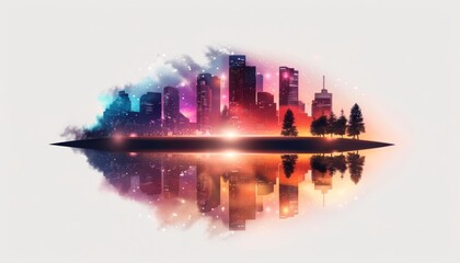 olorful vector design from a big dog in the background there is a city with a park and trees and a beautiful skyline Black background watercolor isolated illustration featuring fut