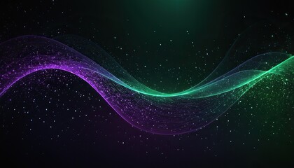 Vibrant digital abstract background featuring swirly light blue and green particles, shimmering stars, and radiant dots in a futuristic landscape.164