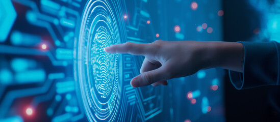 Futuristic fingerprint scanning technology on touch screen interface