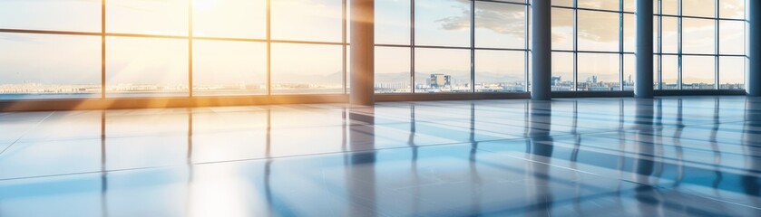 Fototapeta premium Bright and spacious empty modern office interior with large windows and cityscape view, bathed in natural sunlight.