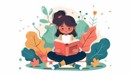 Naklejka premium Young Girl Reading Book in Nature - A cute illustration of a young girl sitting on a pile of books reading a book surrounded by green leaves and flowers. - A cute illustration of a young girl sitting 