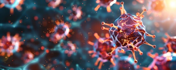 close-up of an adrenal cell, focusing on its polygonal shape and hormone production, with detailed cytoplasmic inclusions, providing clear copy space for text