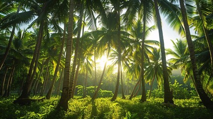 a scenic view of coconut trees in a lush, green environment, creating a serene atmosphere of outdoor tranquility.