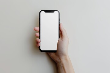 Smartphone mockup on hand with white blank screen created with Generative AI