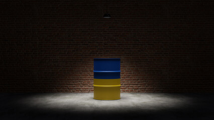Oil barrel with the flag of Ukraine in front of a brick background